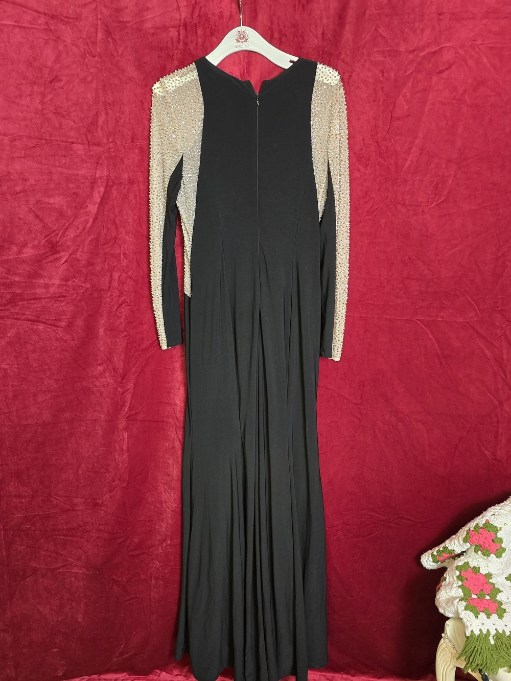 Xscape Black Long Sleeve Evening Gown with Gold Beaded Sleeves - Picture 5 of 6
